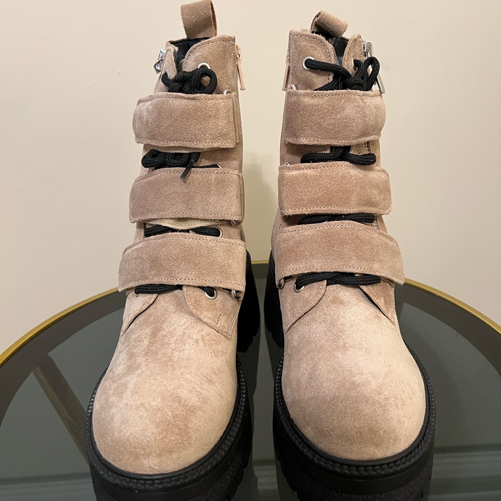 Free People Beige Latte Suede Emmett Lace Up Velcro Strap Up Boots Size 6 - Picture 4 of 10